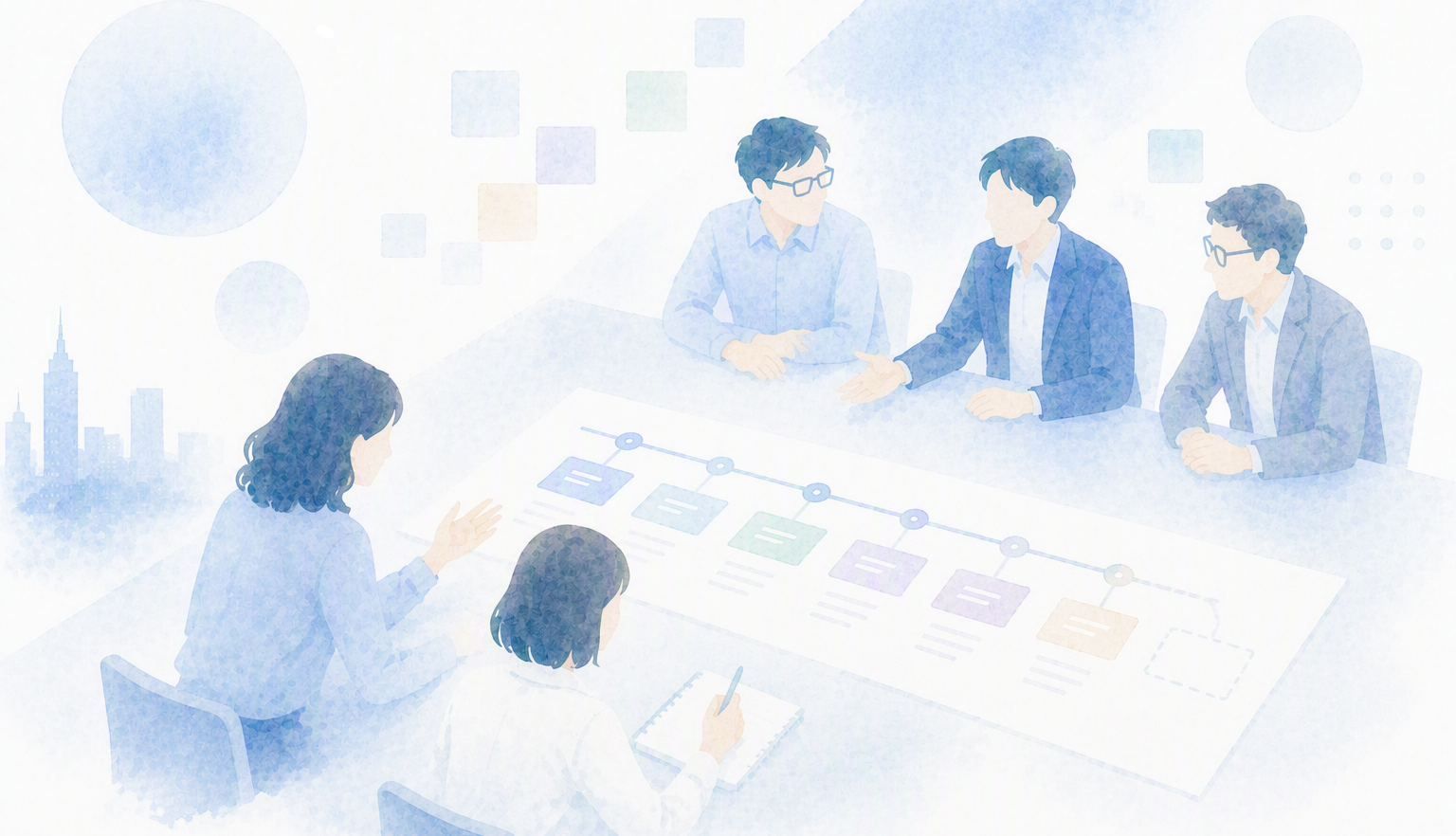 関係する人たちがつながり、一緒に考え始めた様子を表したイメージ